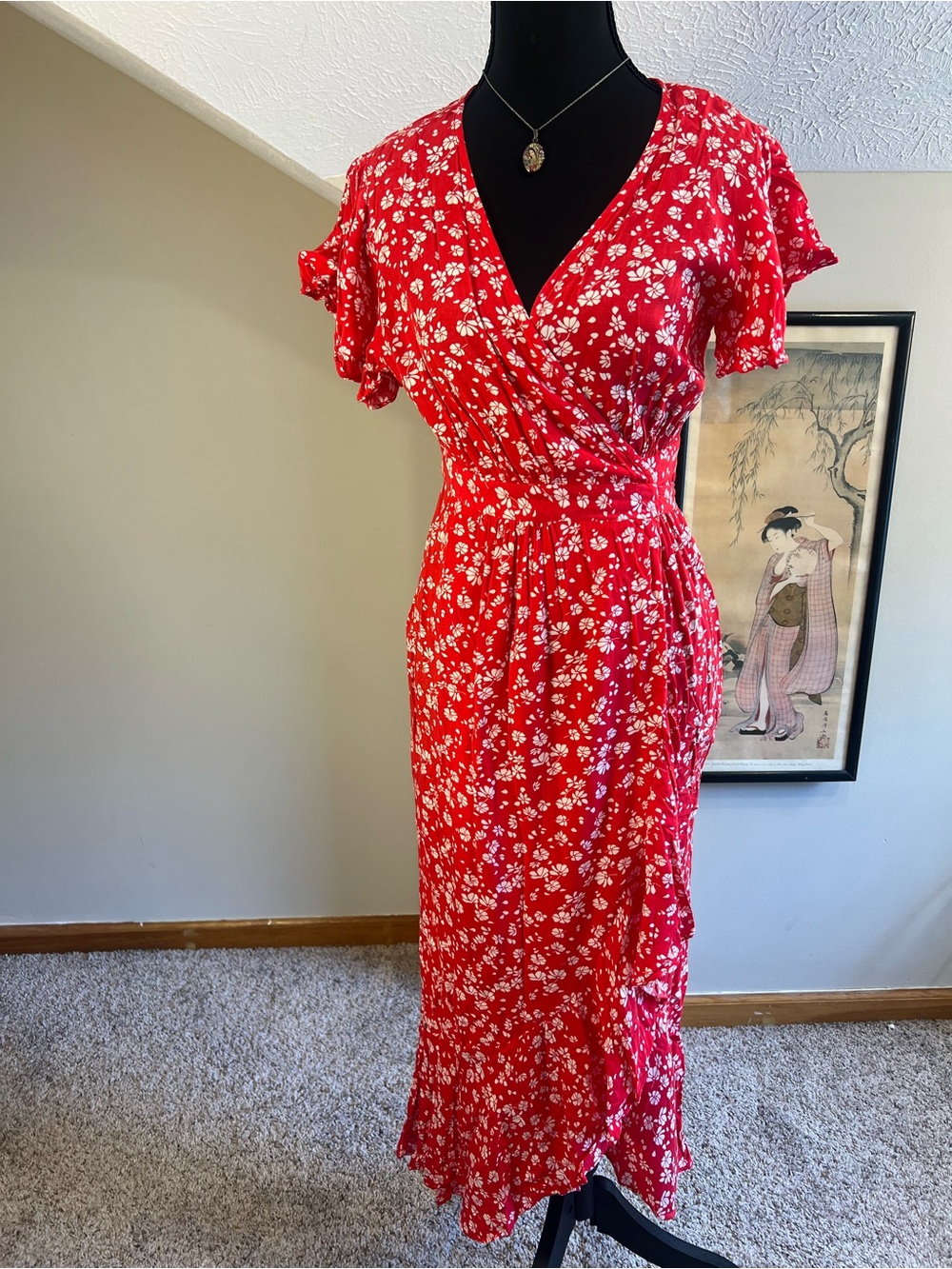 Petal + Pup Ditsy Jersey Midi Wrap Dress Fit and Flare Ruffle Hem Red US 6